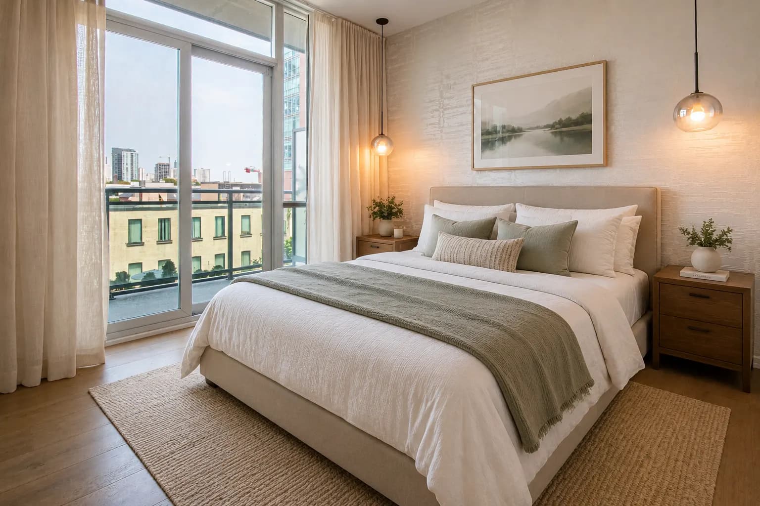Virtually staged bedroom with layered linens and a balcony city view