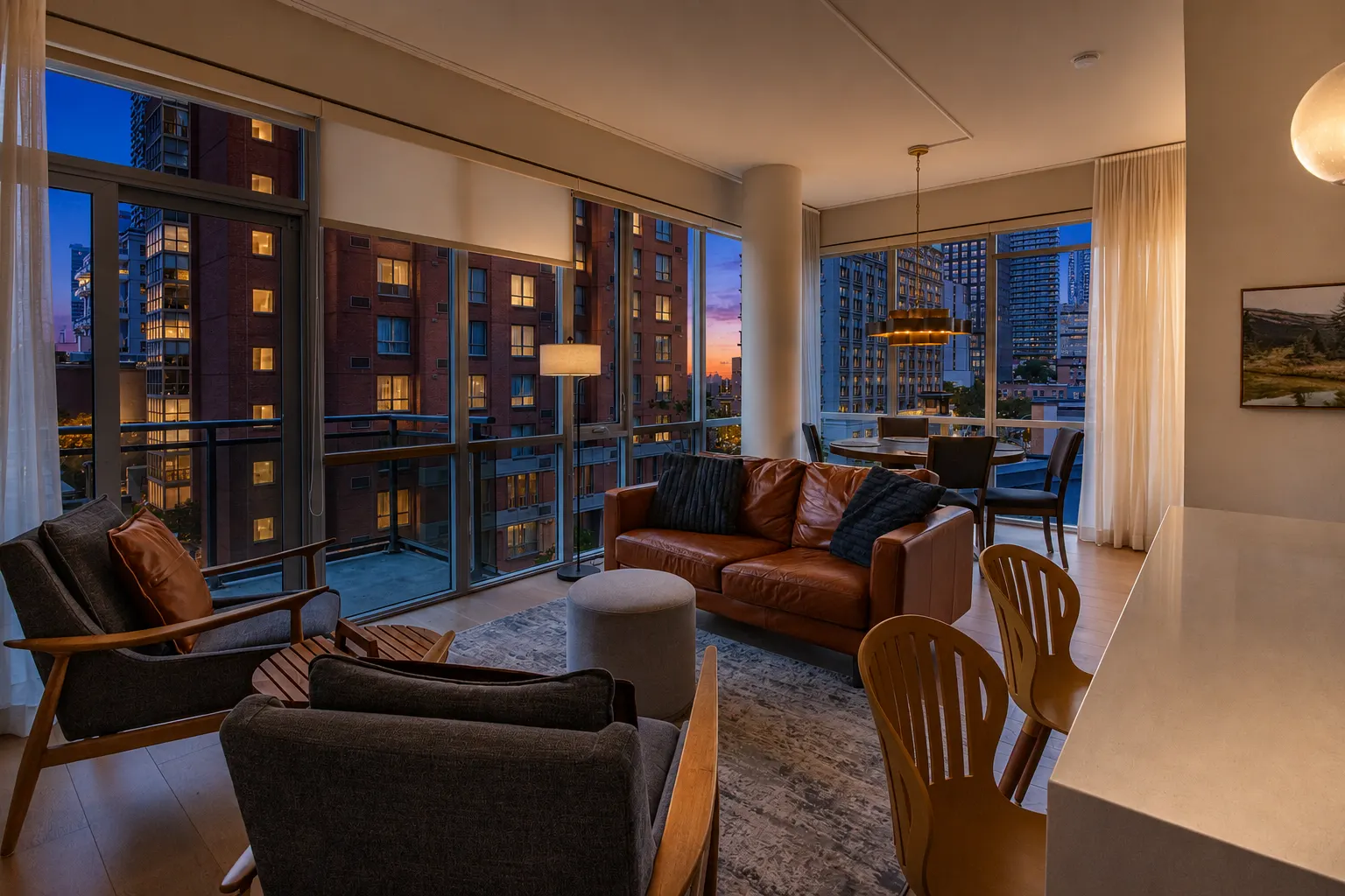 Condo living room at twilight with floor-to-ceiling windows and city lights