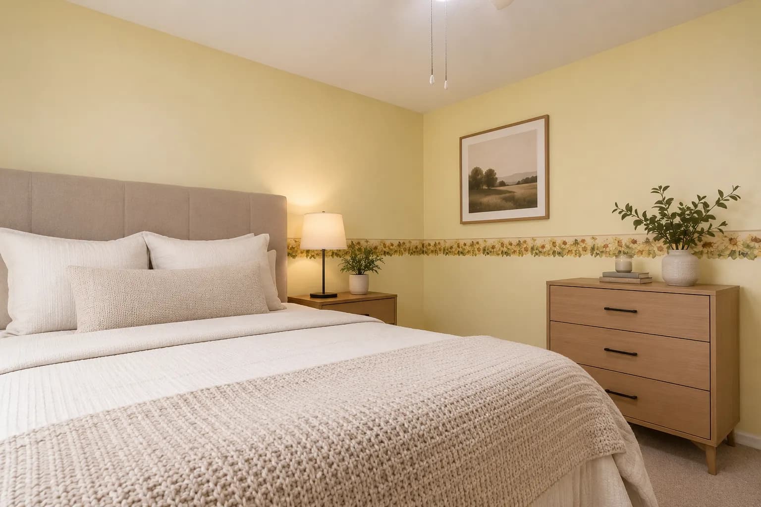 Virtually staged bedroom with clean contemporary styling