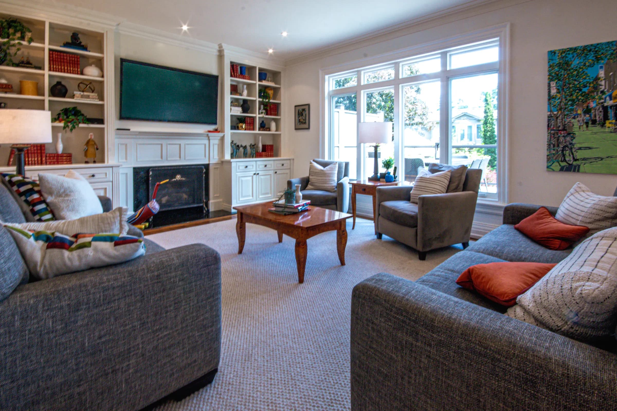 Bright living room with built-ins